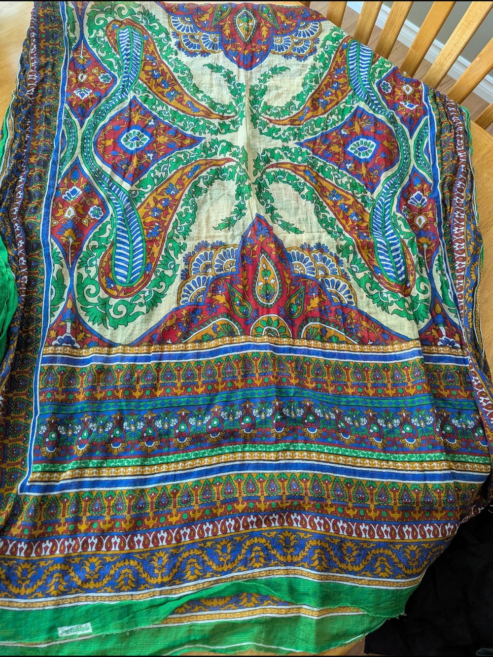 Green Paisley-Print Women's Duppata with Multicolor Motifs